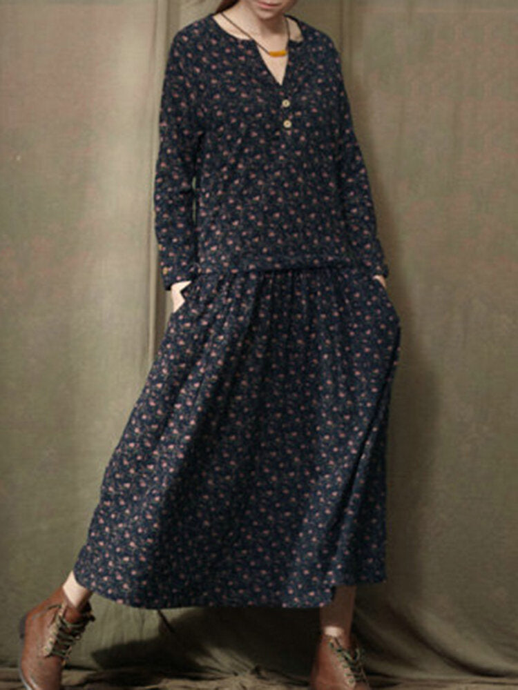 Vintage Floral Printed Elastic Waist Women Dress
