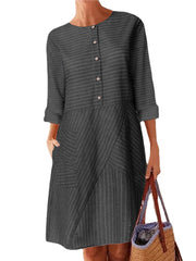 Women Striped Printed Buttoned Down Pockets Dress