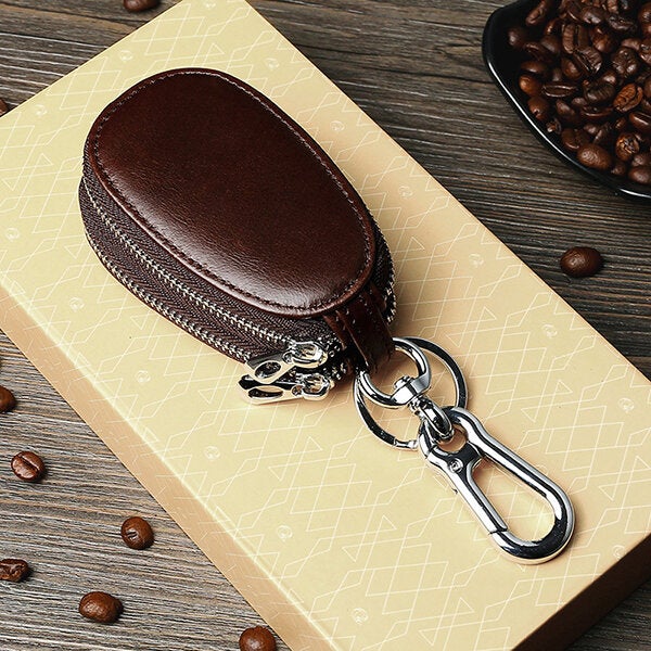 Men Genuine Leather Minimalist Wallet Double Zipper Car Key Case holder