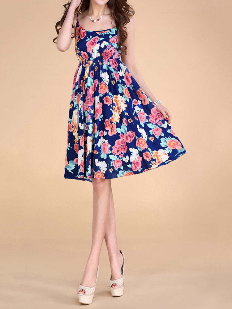 Bohemian Women Strap Flower Pattern Printing Beach A-line Dress