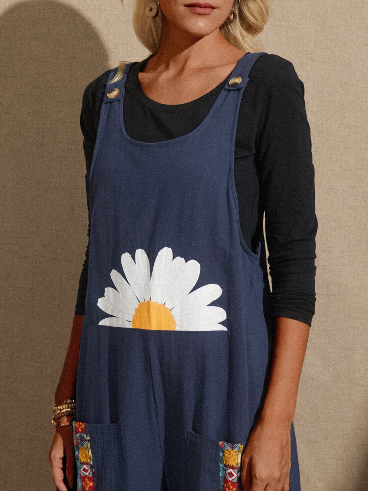 Flower Tribal Pattern Pocket Sleeveless Jumpsuit For Women