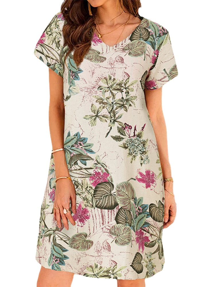 Women Plants Print Pocket V-neck Short Sleeve Dress