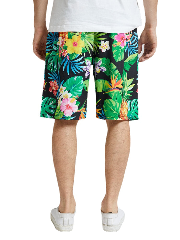 Mens Tropical Pineapple Print Holiday Mid Length Drawstring Shorts