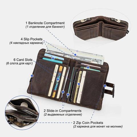 Men First Layer Cowhide Double Zipper Wallet Retro Bifold 12 Card Slot Holder Hasp Coin Purse