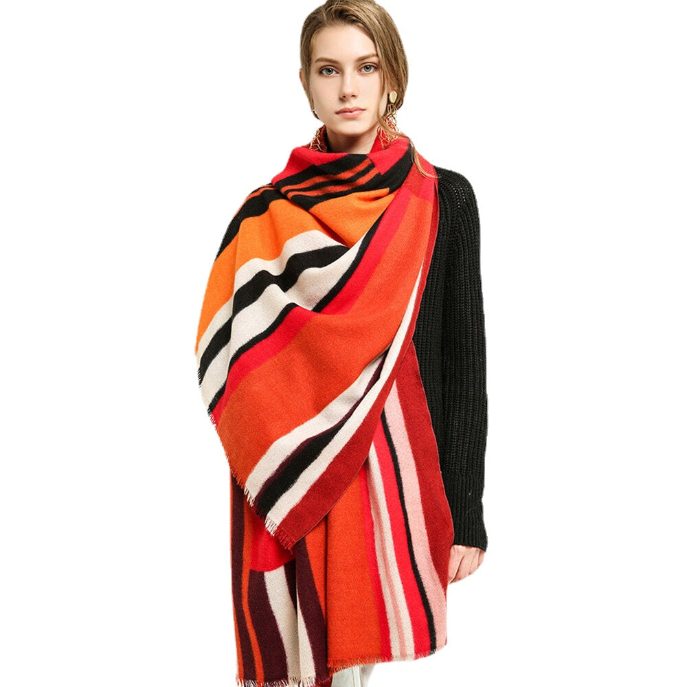 Women Colorful Striped Warmth Neck Protection Shawl Dual-use Cool-Protection Windproof Long Tassel Scarf