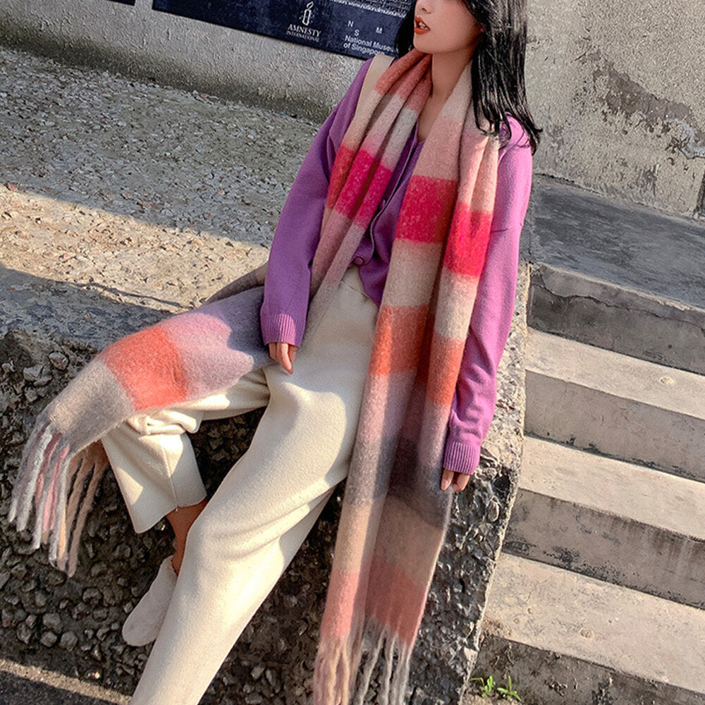 Women Cashmere Dual-use Rainbow Mixed Color Stripes Thicken Warm Plus Long Tassel Scarf Shawl