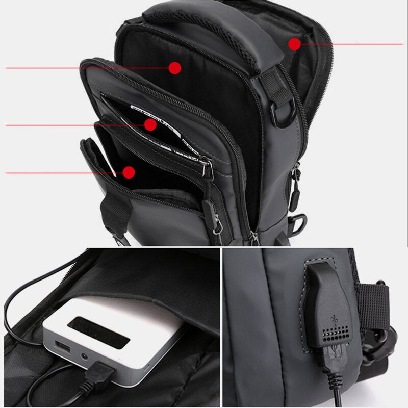 Men Waterproof Fashion Light Weight Oxfords Chest Bag Shoulder Bag With USB Charging Port For Outdoor