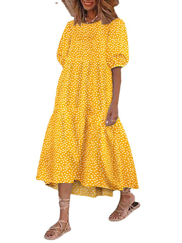 Casual Loose Floral Print O-neck Puff Sleeve Pleated A-line Maxi Dress