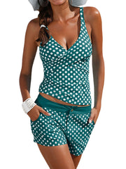 Women Polka Dot Wide Straps Twisted Cover Belly Tankini