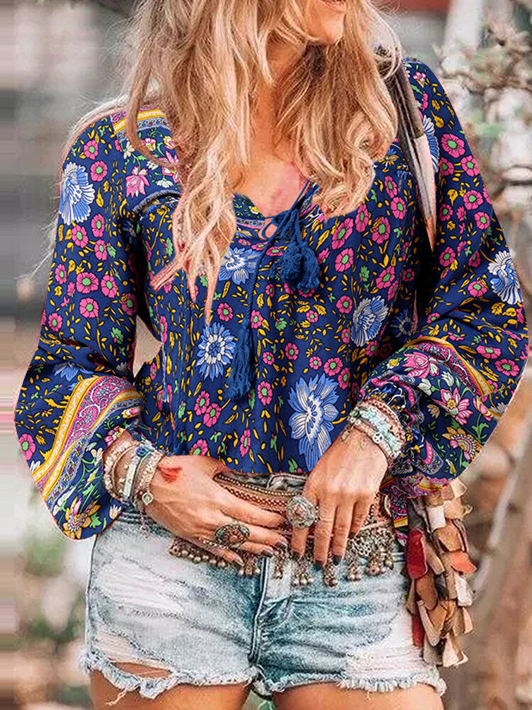 Ethnic Style Print Bohemian Lace-Up V-Neck Tassel Long Sleeve Blouse For Women