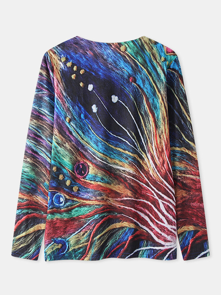 Women Colorful Art Lines Print V-Neck Long Sleeve Casual Blouse