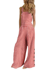 Women Casual Sleeveless Straps Plaid Wide Leg Side Buttons Jumpsuits With Pocket