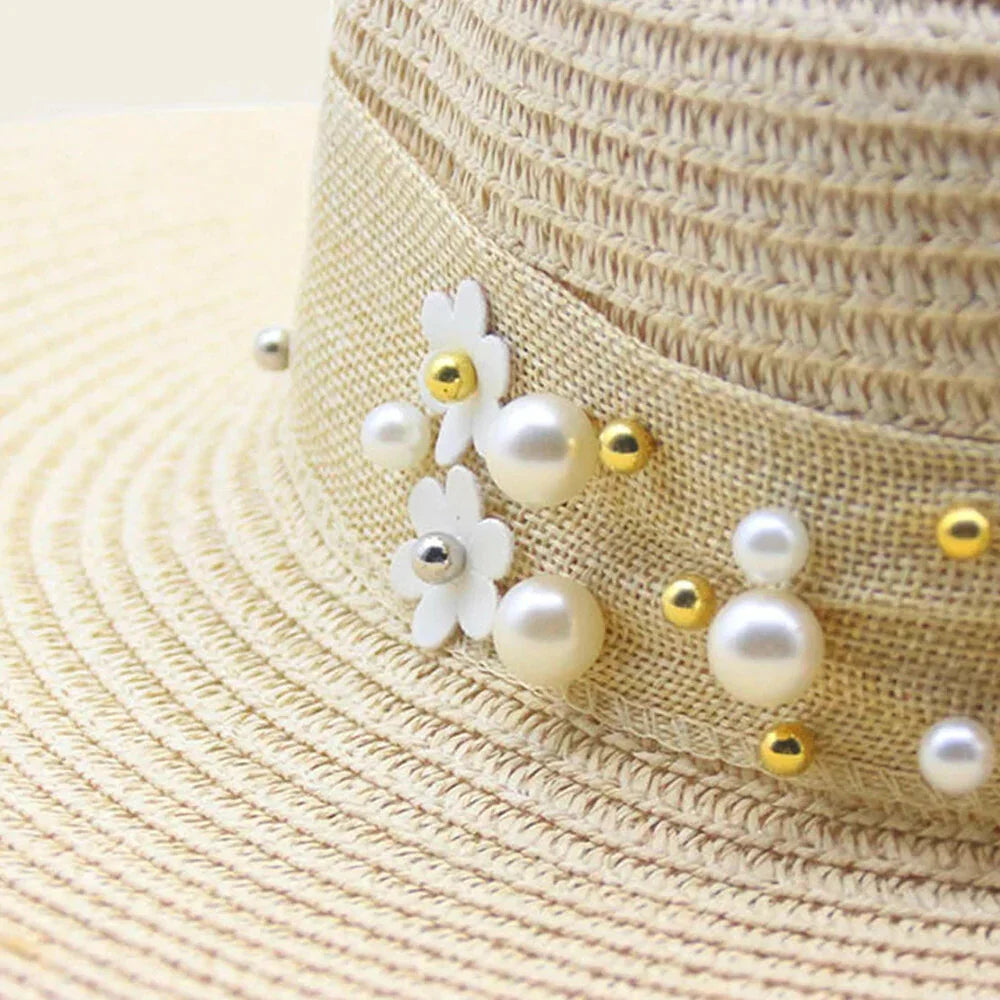 Women Straw Solid Color Elegant Big Brim Pearl Bowknot Wavy Edge Visor Sun Hat Beach Hat Bucket Hat