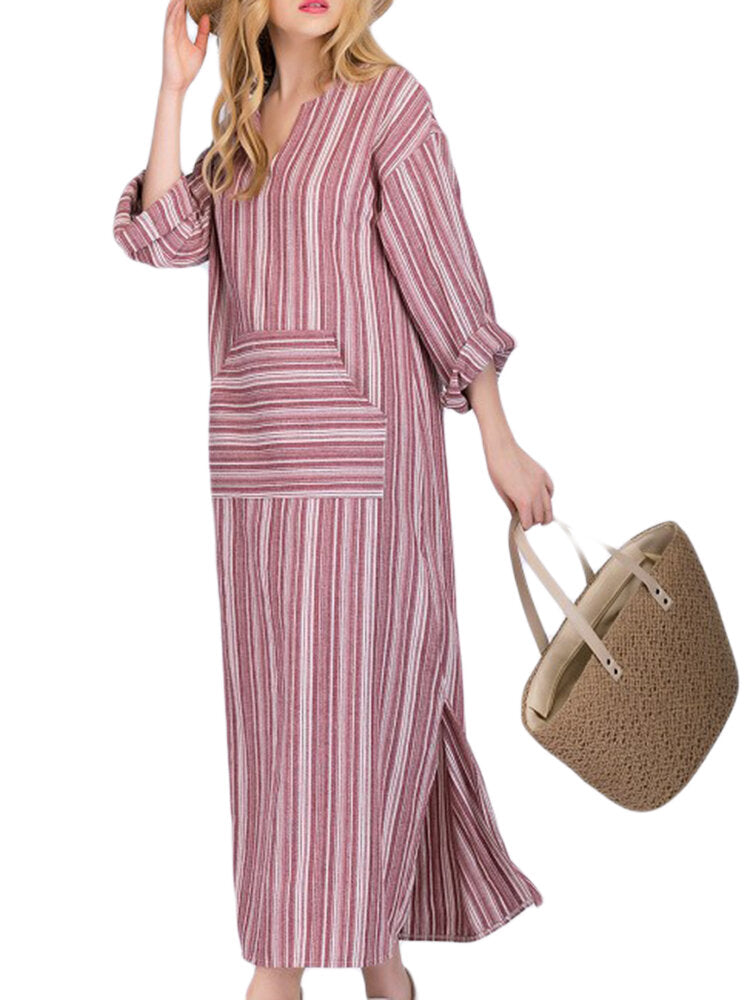 Women Casual Stripe V-neck Big Pocket Long Maxi Dress