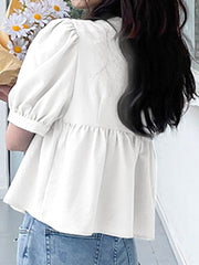 Solid Bowknot Puff Sleeve Casual V Neck Blouse