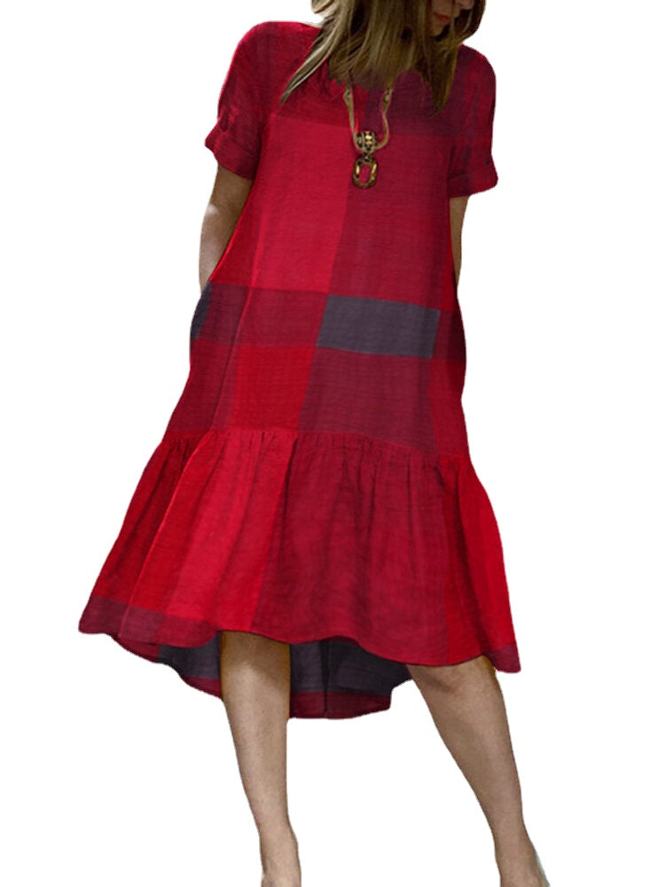 O-Neck Plaid Loose Casual Dress With Side Pockets For Women