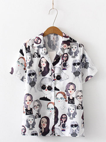 Figure Girl Print Buttons Short Sleeve Casual Blouse For Women