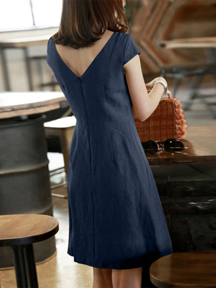 Invisible Zip Solid Short Sleeve Crew Neck Casual Dress