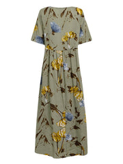 Vintage Floral Print Short Sleeve Loose Casual Maxi Dress