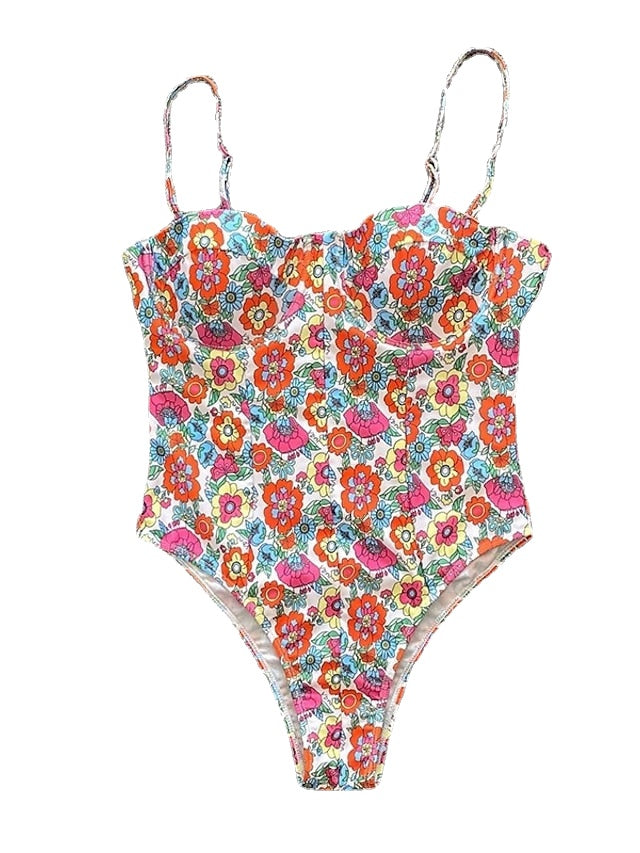 Women's Swimwear One Piece Monokini Bathing Suits Normal Swimsuit Tummy Control Open Back Printing High Waisted Floral Plaid Green Black Blue Rosy Pink Orange Strap Bathing Suits Sexy Vacation Fashion