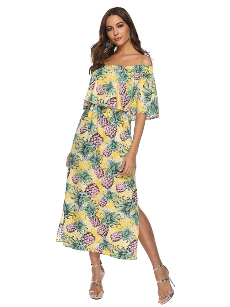 Women Off Shoulder Floral Print Split Causal Midi Dress