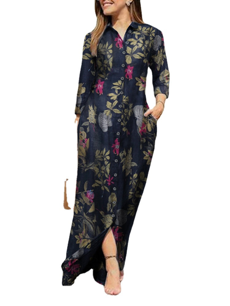 Floral Leaves Print Lapel Button Long Sleeve Daily Casual Maxi Dress