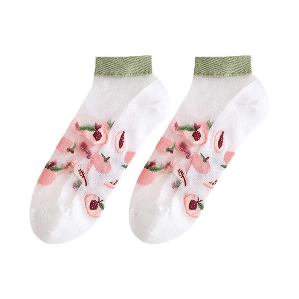 3 Pairs Women Cotton Glass Silk Peach Letters Stripes Pattern Jacquard Breathable Socks