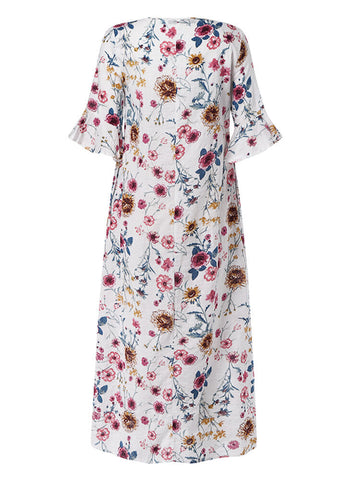 Half Sleeve O-neck Pleated Floral Print Vintage Maxi Dress