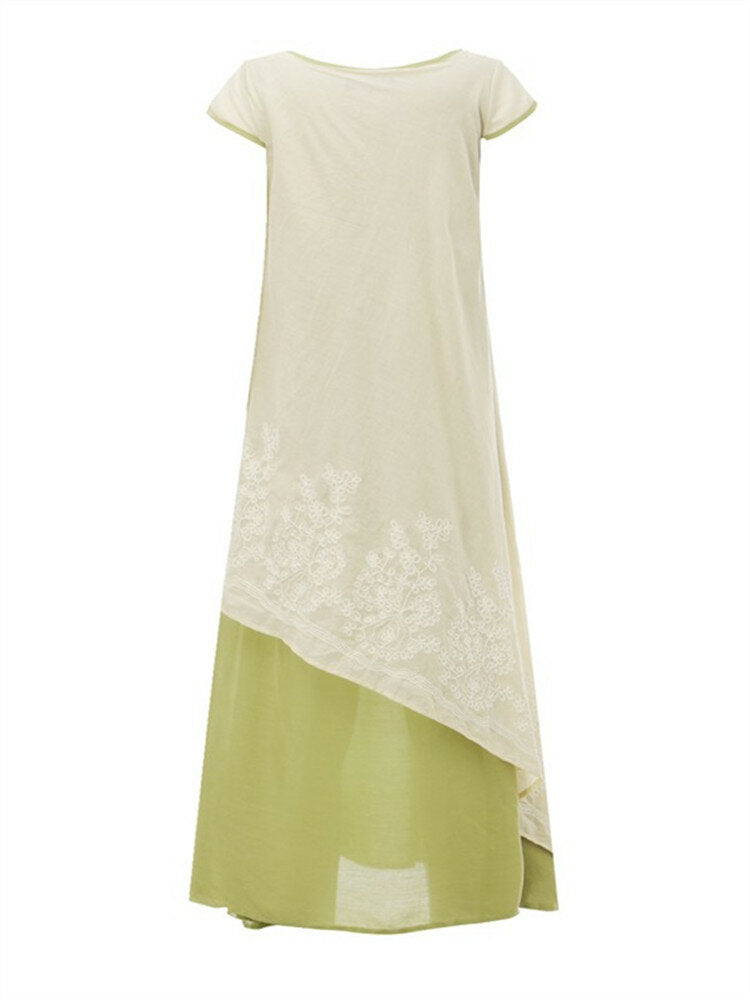 Vintage Women Embroidery Layered Short Sleeve Elegant Irregular Dress