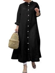 Women Long Sleeve Shirt Dresses Solid Color Button Cuffs Calf Length Casual Midi Dresses