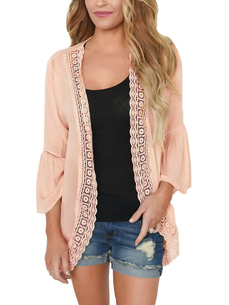 Women Solid Color Lace Trim Light Cardigans