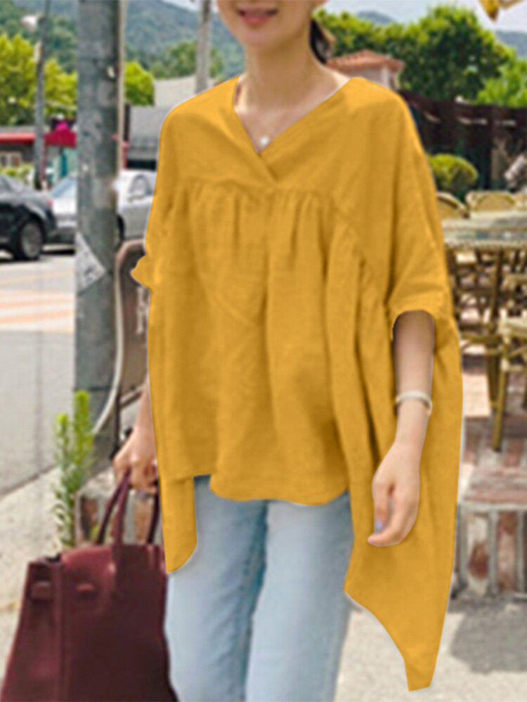 100% Cotton Splicing Pleats Loose Fit Daily Blouse
