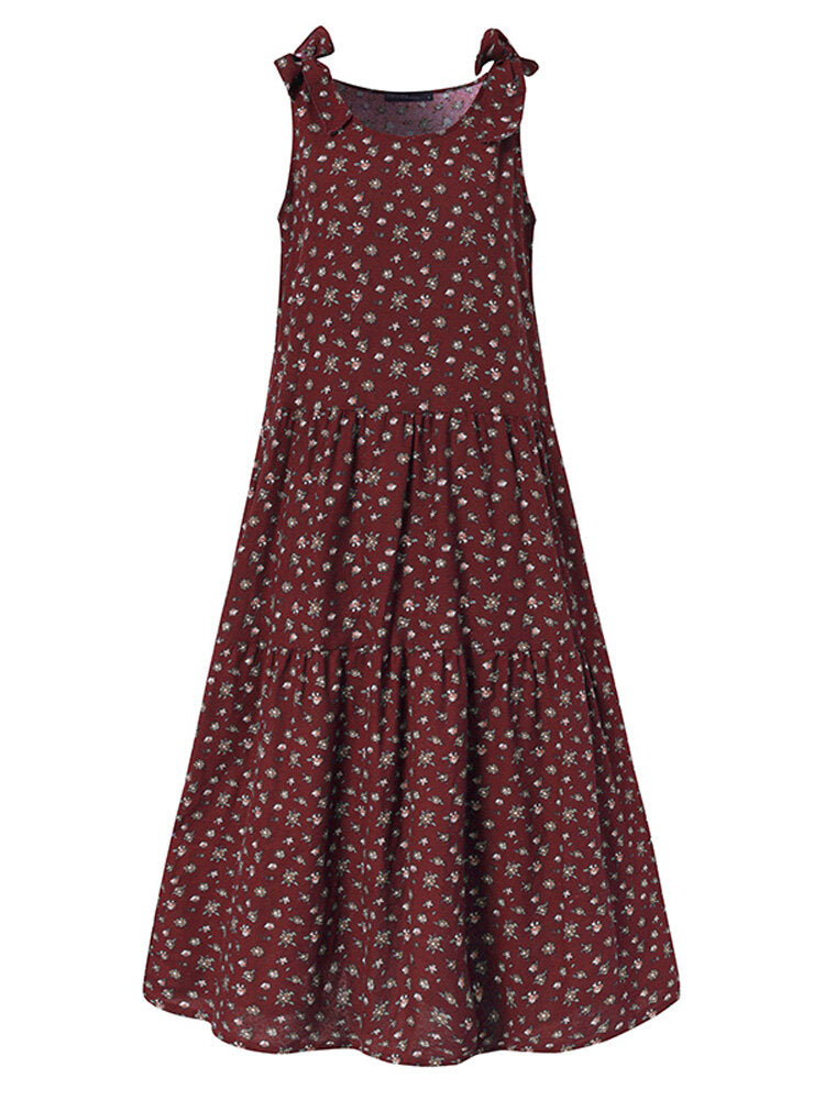 Women Cotton Floral Printing Sleeveless Detachable Bohemian Lace-Up Pleated Maxi Dress