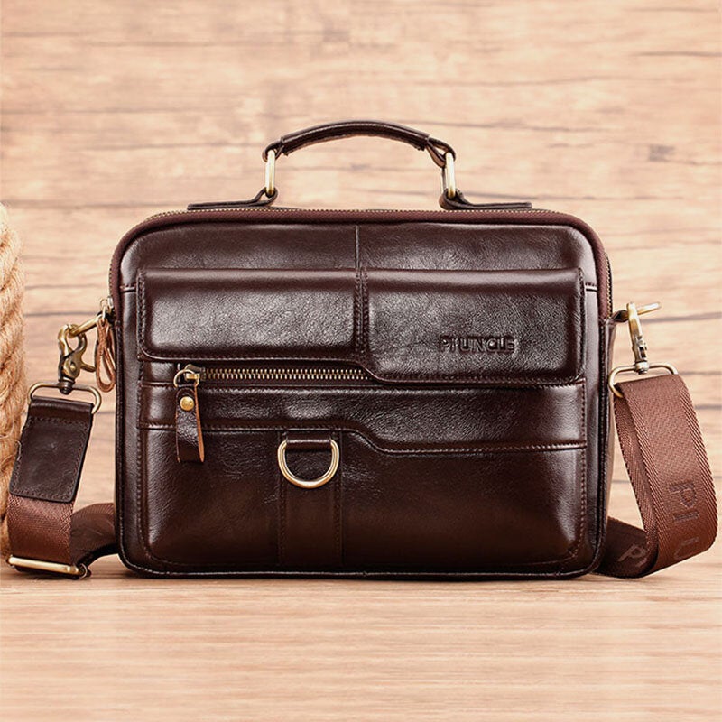 Men Genuine Leather Multi-pocket Crossbody Bags Large Capacity Retro 6.5 Inch Phone Bag Briefcase Shoulder Handbag