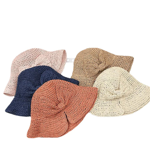 Female Foldable Bowknot Decoration Casual Breathable Small Brim Sunscreen Sun Hat Straw Hat Bucket Hat