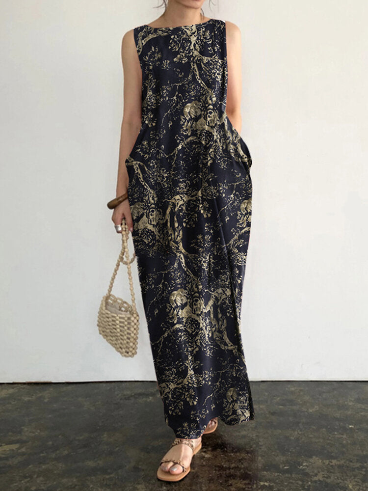 Sleeveless Round Neck Pocket Print Floral Maxi Dress