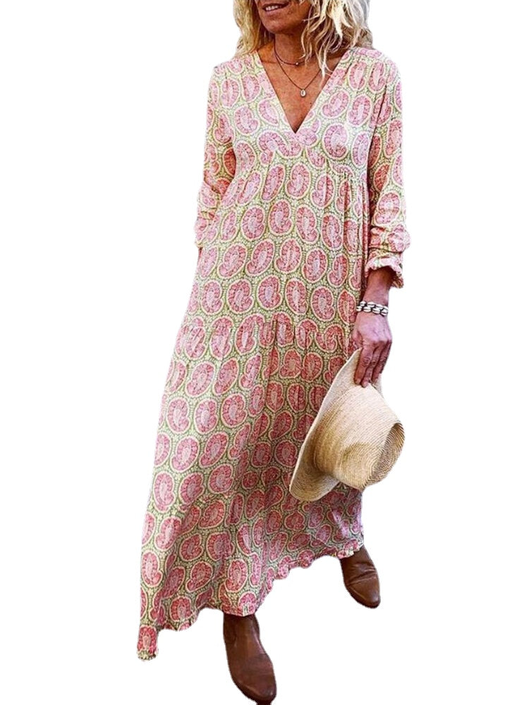 Women Holiday V-neck Print Long Sleeve Loose Maxi Dress