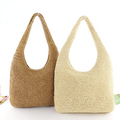 Summer Straw Beach Bag Vintage Handmade Woven Shoulder Bag Solid Color Bohemian Vacation Casual Travel Bag
