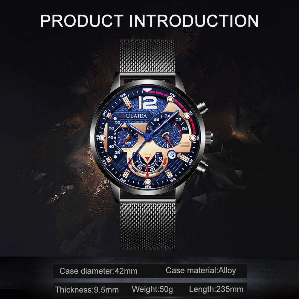 7 Colors Stainless Steel Business Casual Mesh Strap Luminous Hand Calendar Quartz Watch