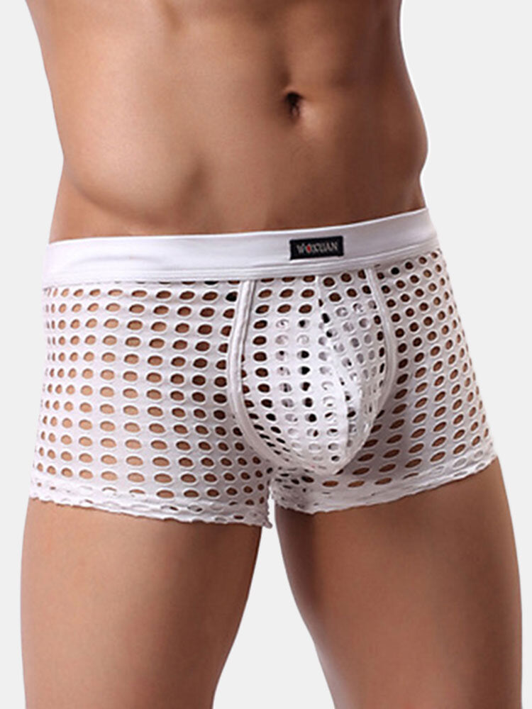 Mens Mesh Holes Transparent Solid Color Boxers Underwear