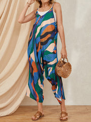 Multicolor Color Block Print Drawstring Pocket Strap Casual Jumpsuit