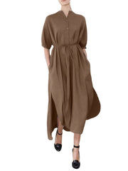 Solid Color Half Sleeve V-neck Knotted Shirt Dress