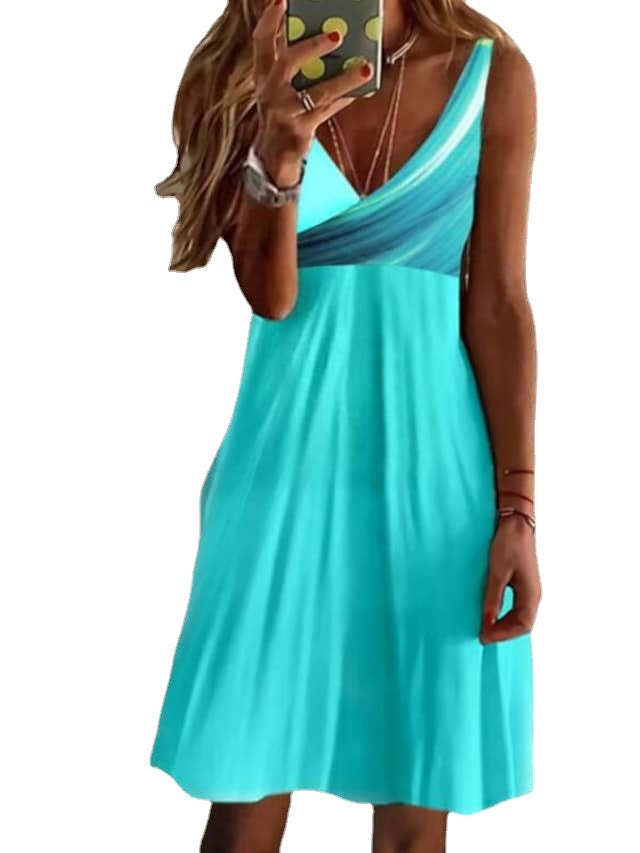 Women's Sleeveless Pure Color Ruched V Neck Sexy Dress