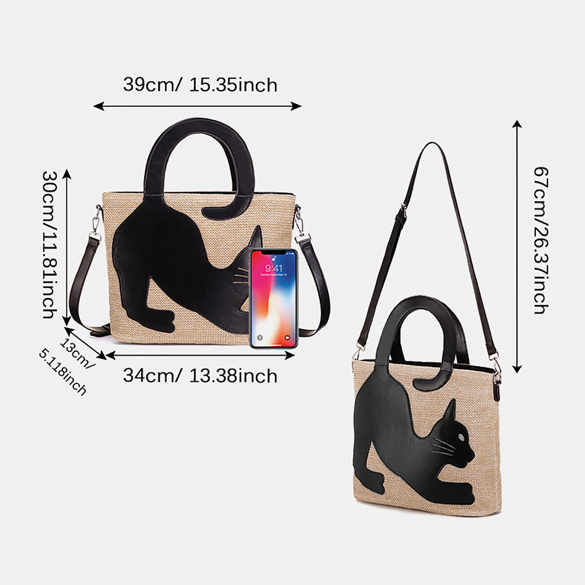 Women Straw Artificial Leather Cat Patch Crossbody Bag Large Capacity Versatile Beach Shoulder Handbag