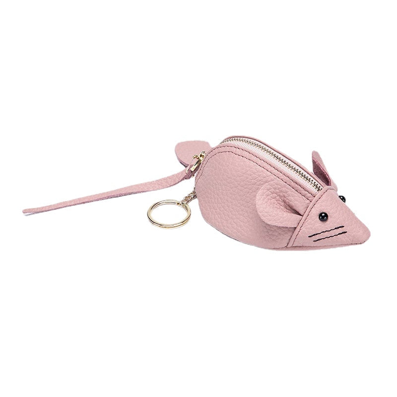 Women Genuine Leather Casual Cute Animal Mouse Pattern Mini Keychain Coin Storage Bag