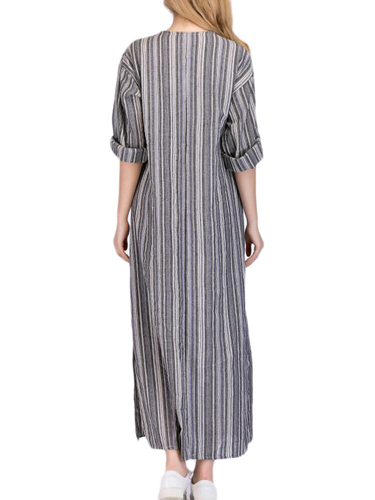 Women Casual Stripe V-neck Big Pocket Long Maxi Dress