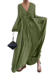 Solid Color V-neck Long Sleeve Big Swing Pleated Button Casual Maxi Dress For Women