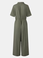 Women Button Front Camp Collar Cargo Style Short Sleeve Jumpsuits With Pocket