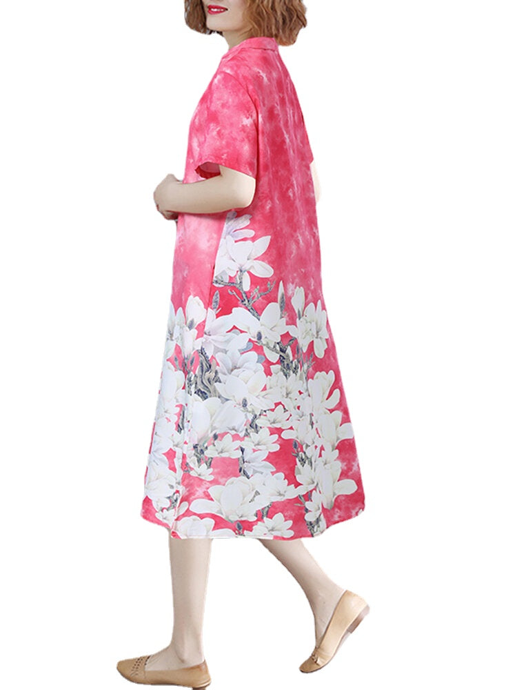 Short Sleeve Spliced Floral Casual Tie-dyed Dress For Women