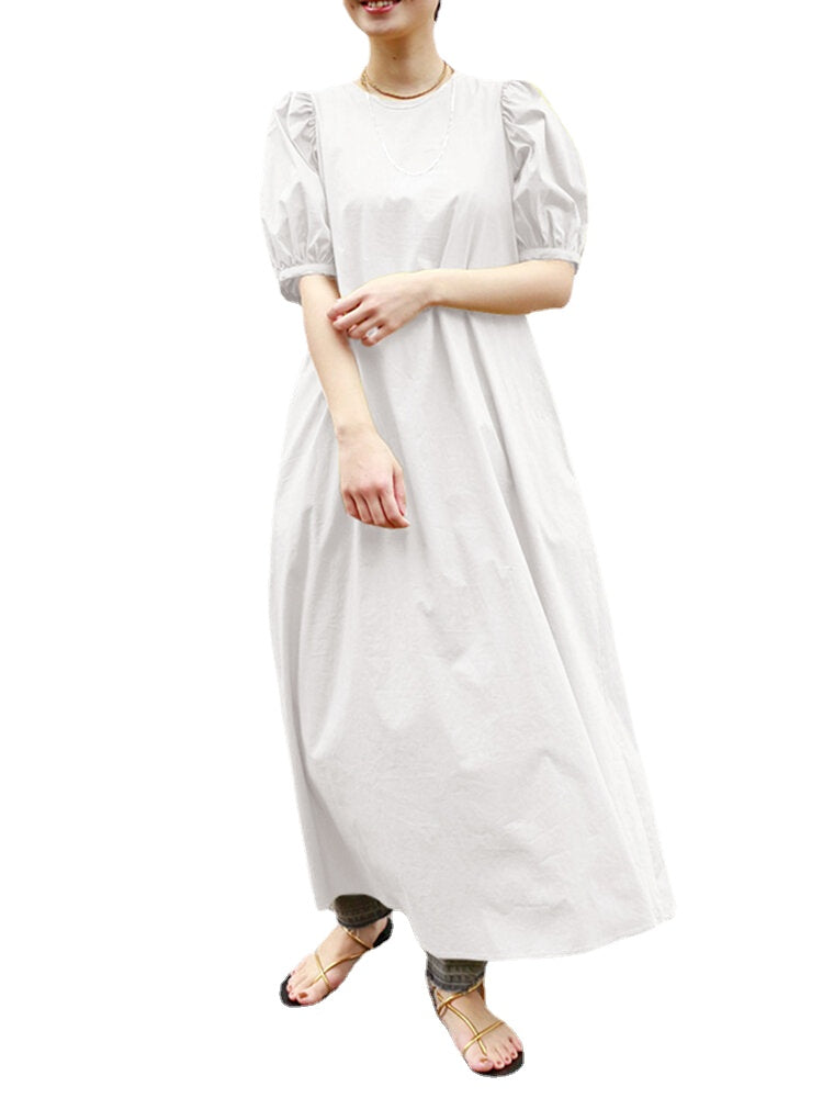 Woman Puff Sleeve Holiday Solid Maxi Dress